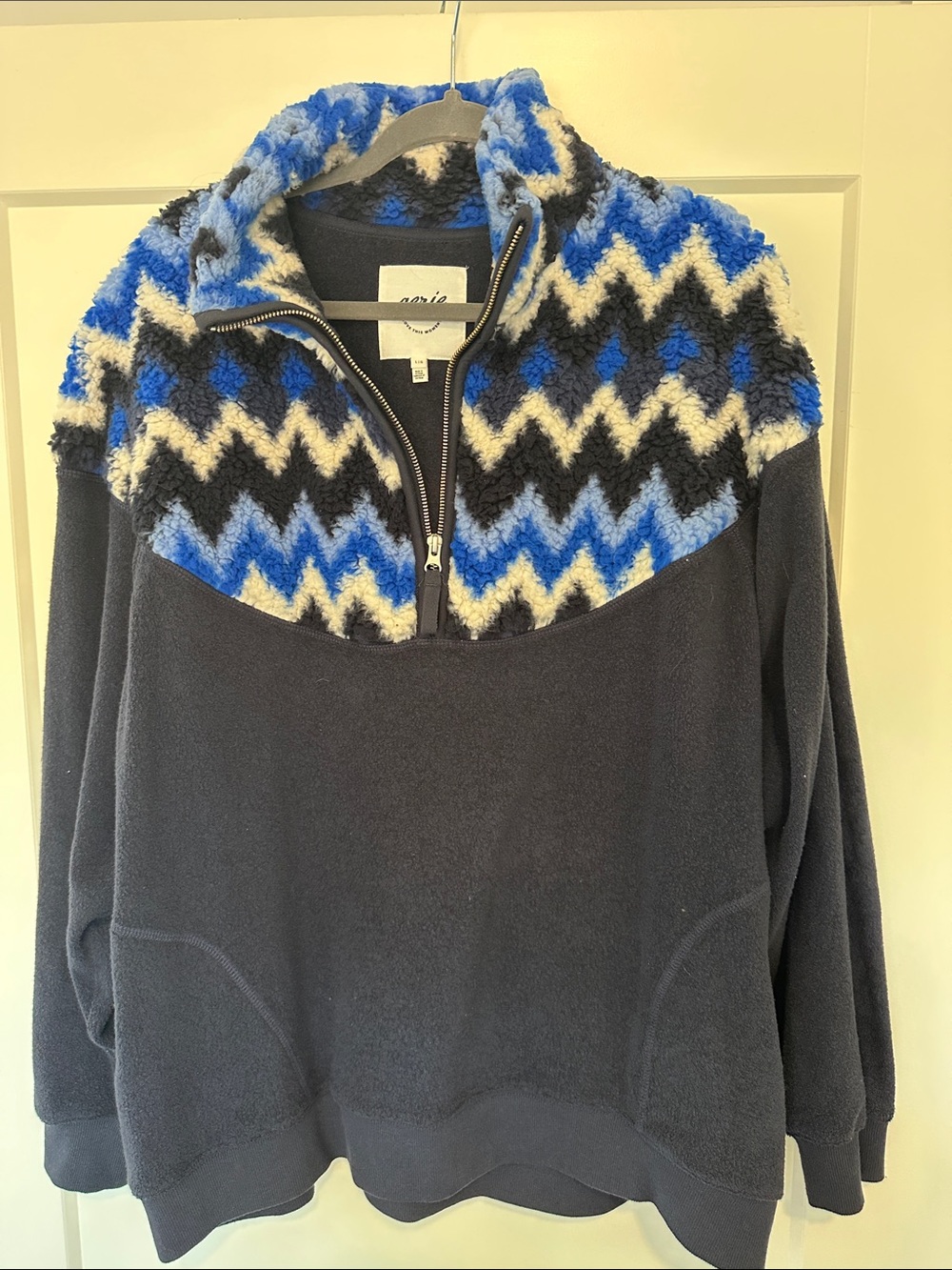 aerie Navy Zip-Up Sherpa Pullover with Blue, Black & Cream Chevron